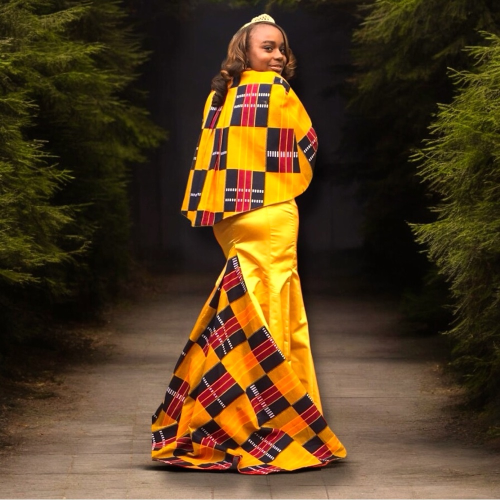 Custom Yellow/Gold/Multi Kente African Print Embellished Gown &  Cape Set Sz M/L